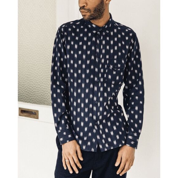 Universal Works Navy Blue White Long Sleeve Ikat Weekend Shirt Men's Size Small - Picture 1 of 7
